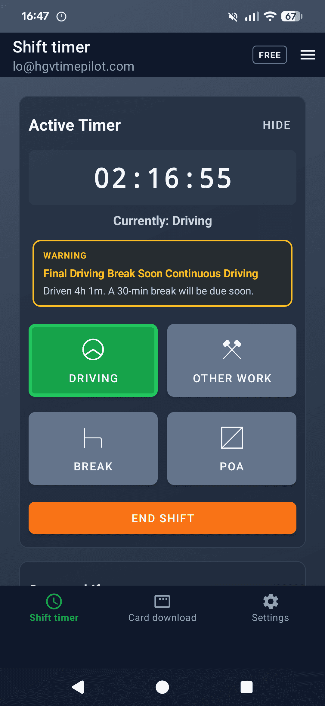 HGV Time Pilot Android timer showing a compliance warning before a break is due